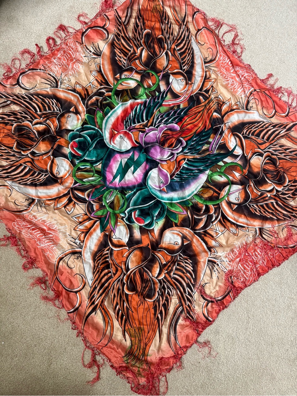 Christian Audigier Multicolor Silk Scarf with Orange Fringe
